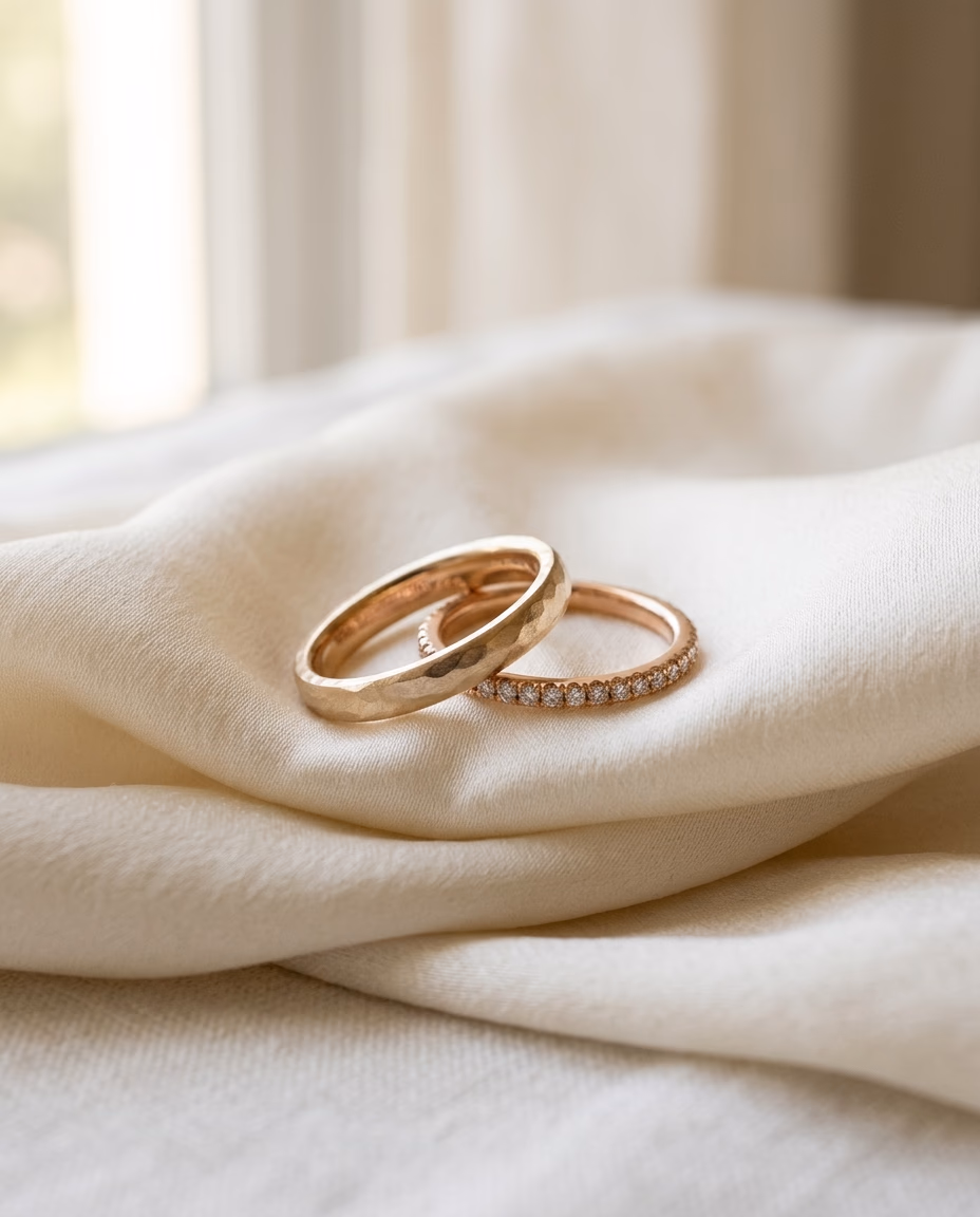 Zwei handgefertigte Trauringe aus Roségold und Champagner-Gold auf warmweißem Leinen