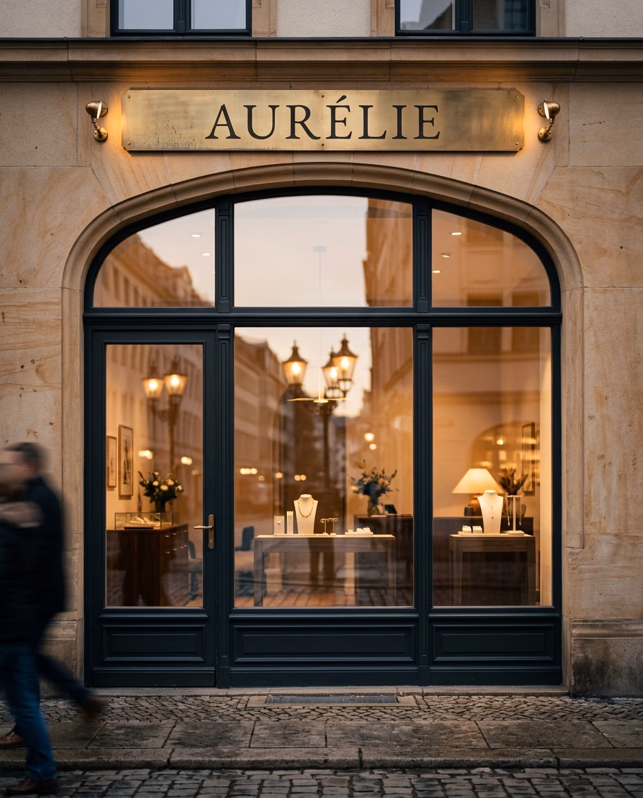 Atelier-Außenaufnahme: historische Fassade Landsberger Straße mit goldenem Schild TrauRing Studio L'Amour in abendlichem Licht