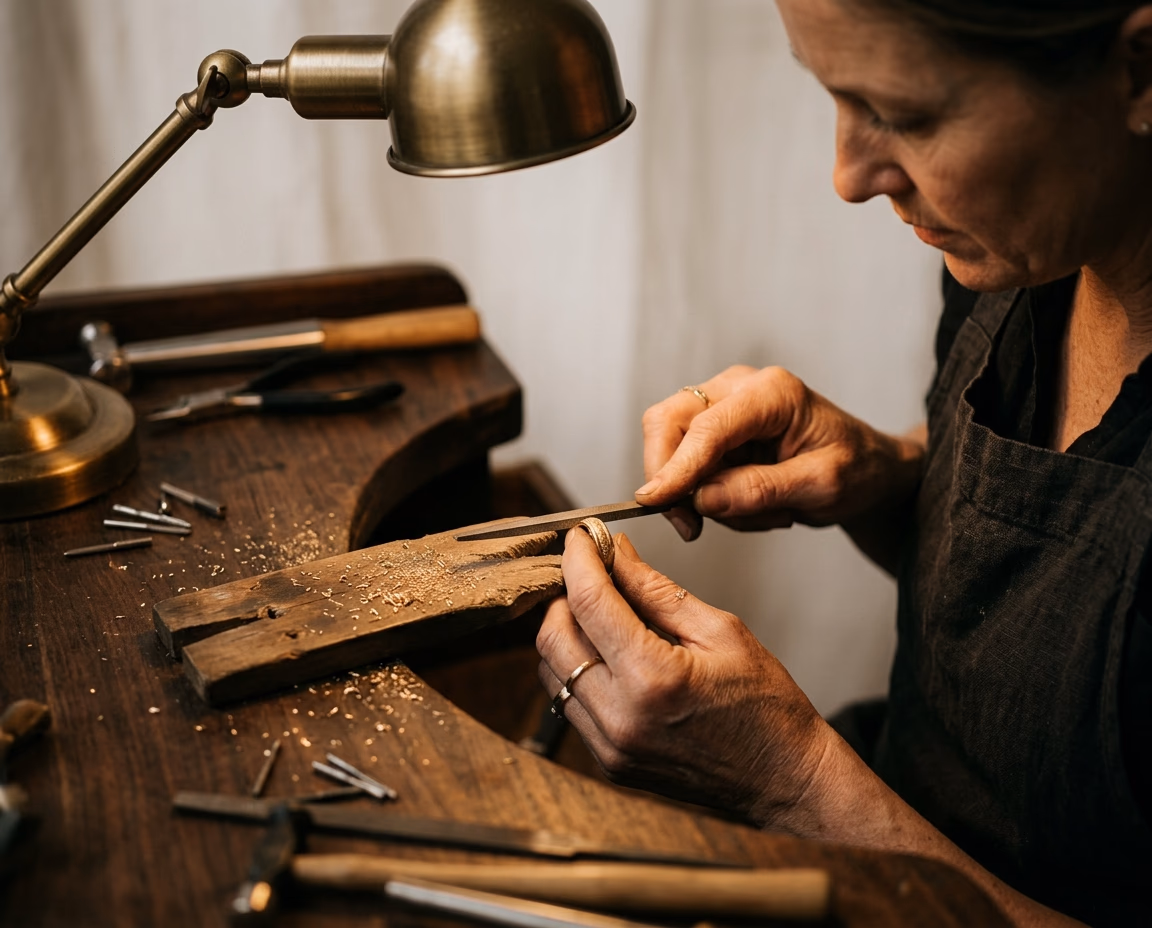 Werkstatt-Detail: Hände am Goldring mit Feile auf dunklem Holz-Werkbank, warmes Arbeitslicht