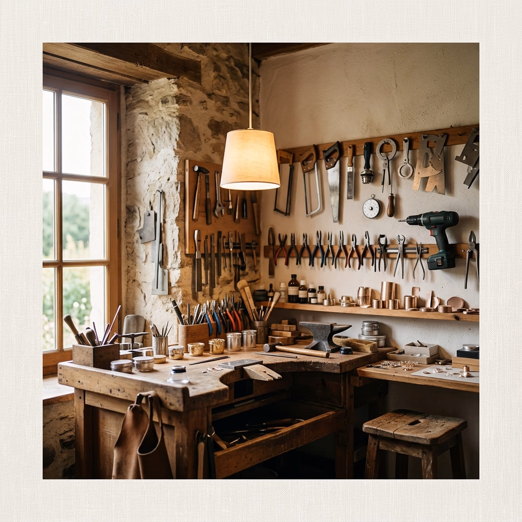 Werkstatt-Totale mit Werkbänken und Werkzeugen