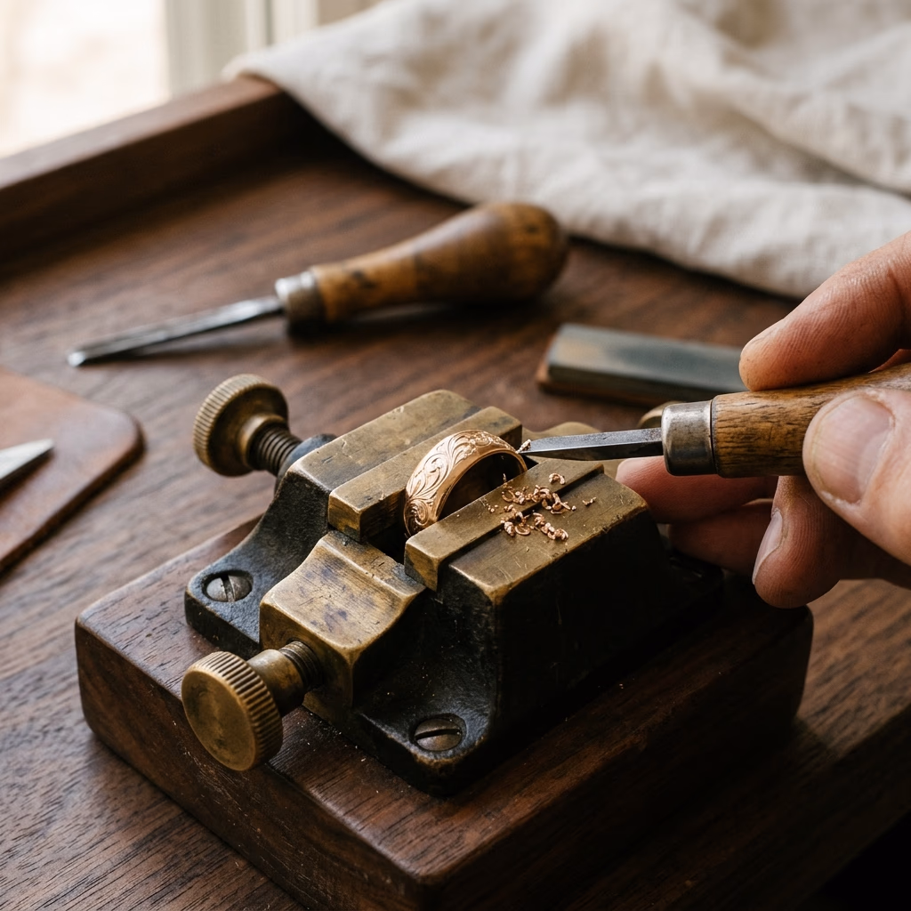 Antike Graviermaschine auf Walnussholz